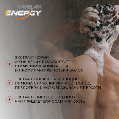 Большое фото товара - Мужской шампунь для волос Carelax Energy" укрепление и сила" 365мл, 3117154. Вариант №7