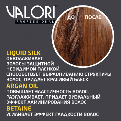Большое фото товара - Маска для волос Valori Professional" Биоламинирование" для тонких и тусклых волос на основе масла арганы и жидкого шелка 20мл, 3118339. Вариант №6