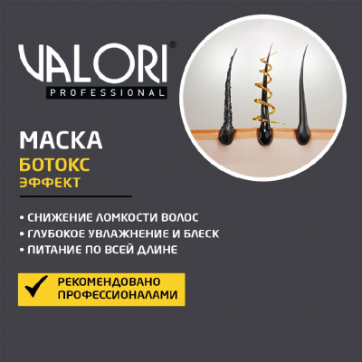 Большое фото товара - Маска для волос Valori Professional" Ботокс эффект" для поврежденных волос на основе масла ши и зеленого чая 20мл, 3118340. Вариант №4