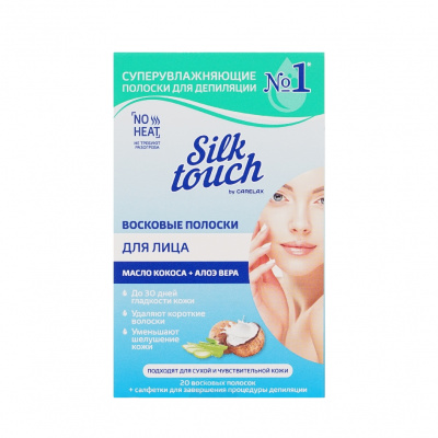 Большое фото товара - Восковые полоски для лица Carelax Silk Touch с кокосовым маслом + алоэ вера 20шт, 3127047. Вариант №1