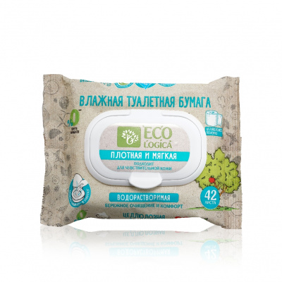 Большое фото товара - Влажная водорастворимая туалетная бумага Ecologica" плотная и мягкая" 42шт, 3134429. Вариант №1