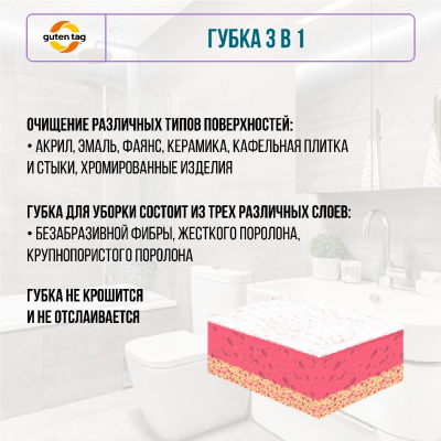 Большое фото товара - Антибактериальная губка для уборки Guten Tag 3 в 1, 3135958. Вариант №7