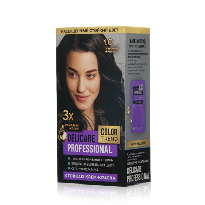 Большое фото товара - Стойкая крем - краска для волос Delicare Professional Color Trend 1.0 Глубокий черный, 3138549. Вариант №1