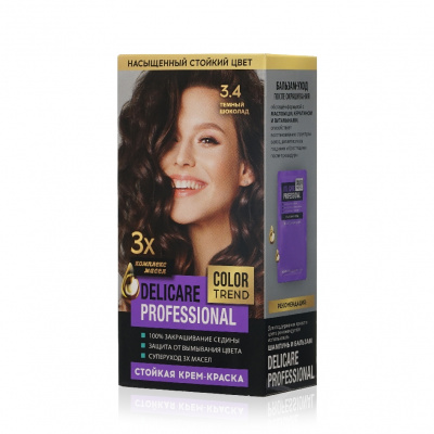 Большое фото товара - Стойкая крем - краска для волос Delicare Professional Color Trend 3.4 Темный шоколад, 3138550. Вариант №1