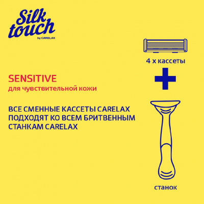Большое фото товара - Женские кассеты для бритья Carelax Silk Touch Sensitive 3 лезвия 4шт + станок в подарок, 3138586. Вариант №9