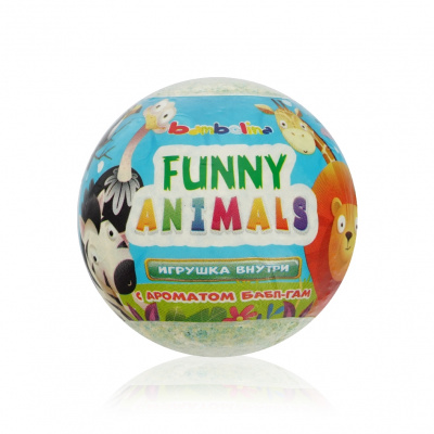 Большое фото товара - Бурлящий шар для ванны с игрушкой внутри Bambolina Funny Animals с ароматом бабл гам 3+ 130г, 3140260. Вариант №1