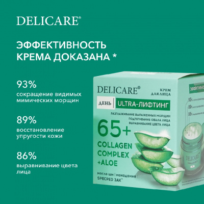 Большое фото товара - Дневной крем для лица Delicare Collagen Complex + Aloe с алоэ вера и коллагеном 65+ 50мл, 3140652. Вариант №8